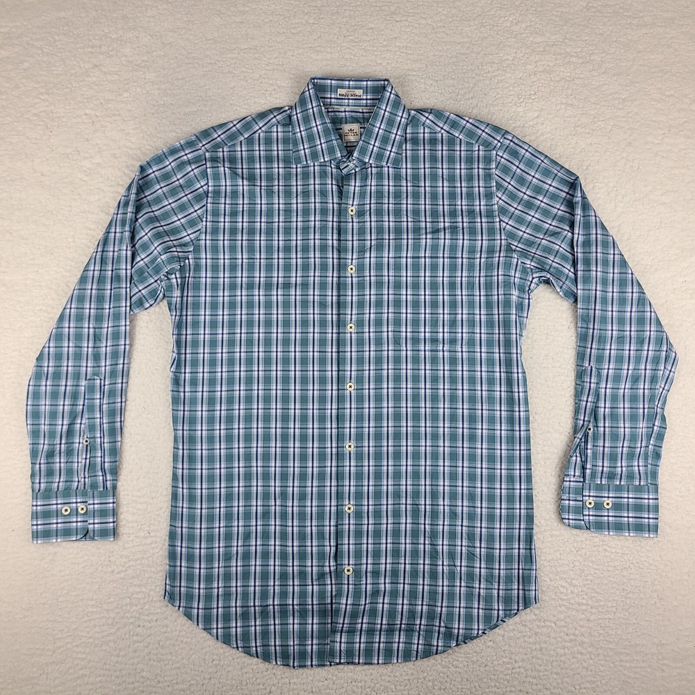 Peter Millar Shirt Mens‎ Medium Teal Blue Plaid 100% Cotton Dress Button Up